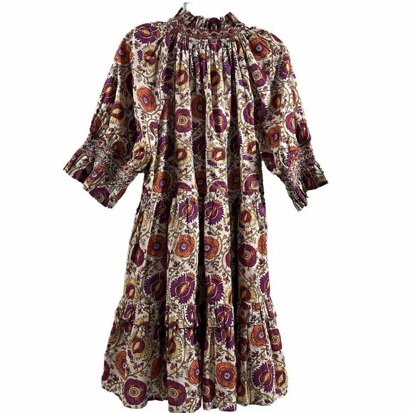 Figue Halima Sz L 100% Cotton Floral Smocked Neckline Tiered Lined Boho Dress - Picture 12 of 16